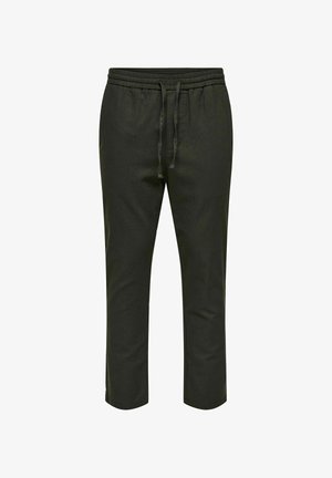 Dark green jogger pants made of soft fabric, featuring an elastic waistband, adjustable drawstring, and cropped length.
