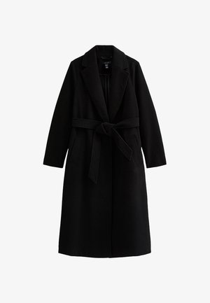 Trench coat nero con cintura, maniche lunghe, colletto a punte e tasche laterali. Realizzato in un tessuto morbido e testurizzato con un taglio di lunghezza media.