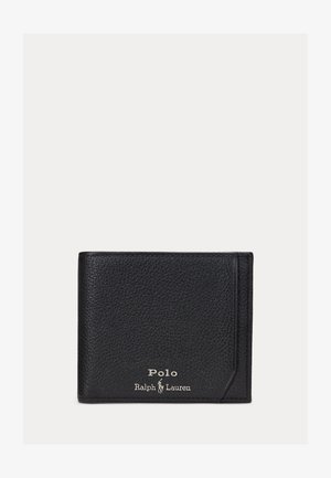Czarny portfel z fakturowanej skóry z wytłoczonym logo Polo Ralph Lauren w srebrnym kolorze w dolnym prawym rogu z przodu.