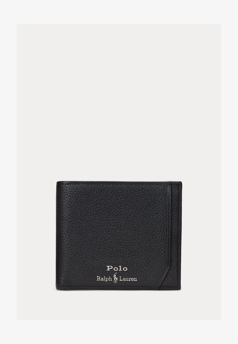 Czarny portfel z fakturowanej skóry z wytłoczonym logo Polo Ralph Lauren w srebrnym kolorze w dolnym prawym rogu z przodu.
