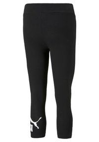 Czarne, krótkie legginsy z wysokim stanem i białym logo Puma na dolnej lewej nogawce.