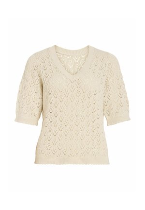 Beige strikket kortærmet sweater med diamantmønstret blonderdesign, V-udskæring og ribkant på ærmer og kant.