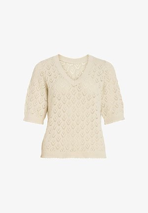 Beežist lühikeste varrukatega kootud kampsun teemantmustri ja pitsiga, V-kaelusega ning soonikkude äärtega varrukatel ja alläärel.