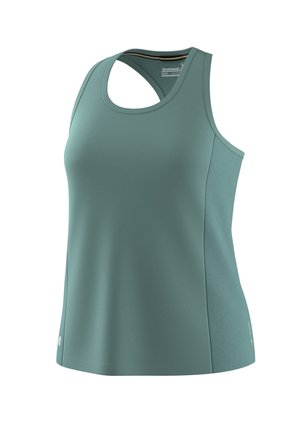 Ärmelloses sportliches Tanktop in Türkis mit Racerback-Design und atmungsaktiven Seitenteilen für Damen, Größe Medium.