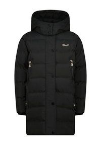 Giubbotto imbottito nero con colletto alto, dotato di bottoni a pressione e due tasche laterali con zip. Tessuto liscio con sezioni trapuntate.
