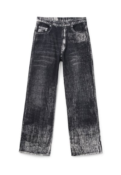 Hochtaillierte, weit geschnittene Jeans aus schwarzem Denim mit einem verblassten, mit Farbe besprengten Design. Verfügt über klassische Taschen und silberne Hardware-Details.