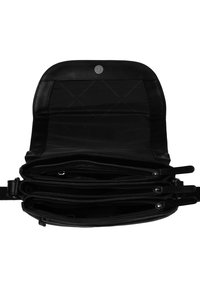 Borsa in pelle nera con più scomparti con zip e chiusura a pressione. L'interno presenta un rivestimento testurizzato e cuciture rinforzate.