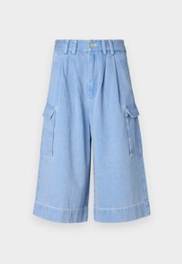 Light blue denim cargo shorts featuring a wide-leg design, front pleats, and two side pockets. High waistband with belt loops and a button closure.