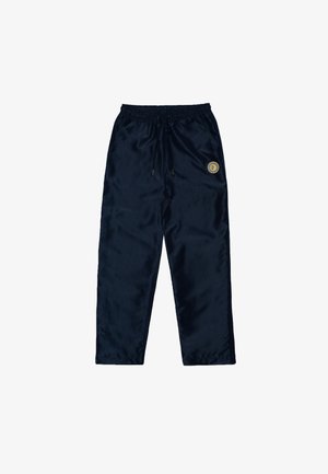 Tengerészi selyem jogger nadrág, gumi derékkal, húzózsinóras záródással, és egy kerek hímezett folttal a bal combon.