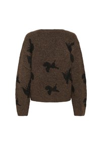 Brauner, gestrickter Pullover mit lockerer Passform, der schwarze Vogelmuster auf dem Stoff aufweist. Abgerundeter Halsausschnitt und gerippte Bündchen an den Säumen.