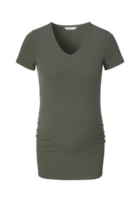 Graviditets T-shirt, korte ærmer, v-hals, olivengrøn, ribbet tekstur, side ruching detaljer for pasform, bomuldsblanding materiale.