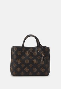 Sort syntetisk håndtaske med præget guldmønster, dobbelt håndtag og logo-plade. Inkluderer en aftagelig rem og metal accenter.