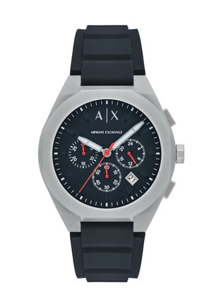 Armani Exchange watch with a stainless steel case, black silicone strap, black dial, three sub-dials, red accents, and a date display.