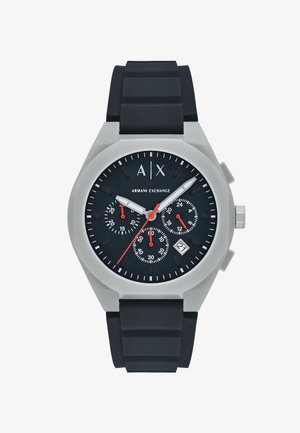 Armani Exchange watch with a stainless steel case, black silicone strap, black dial, three sub-dials, red accents, and a date display.