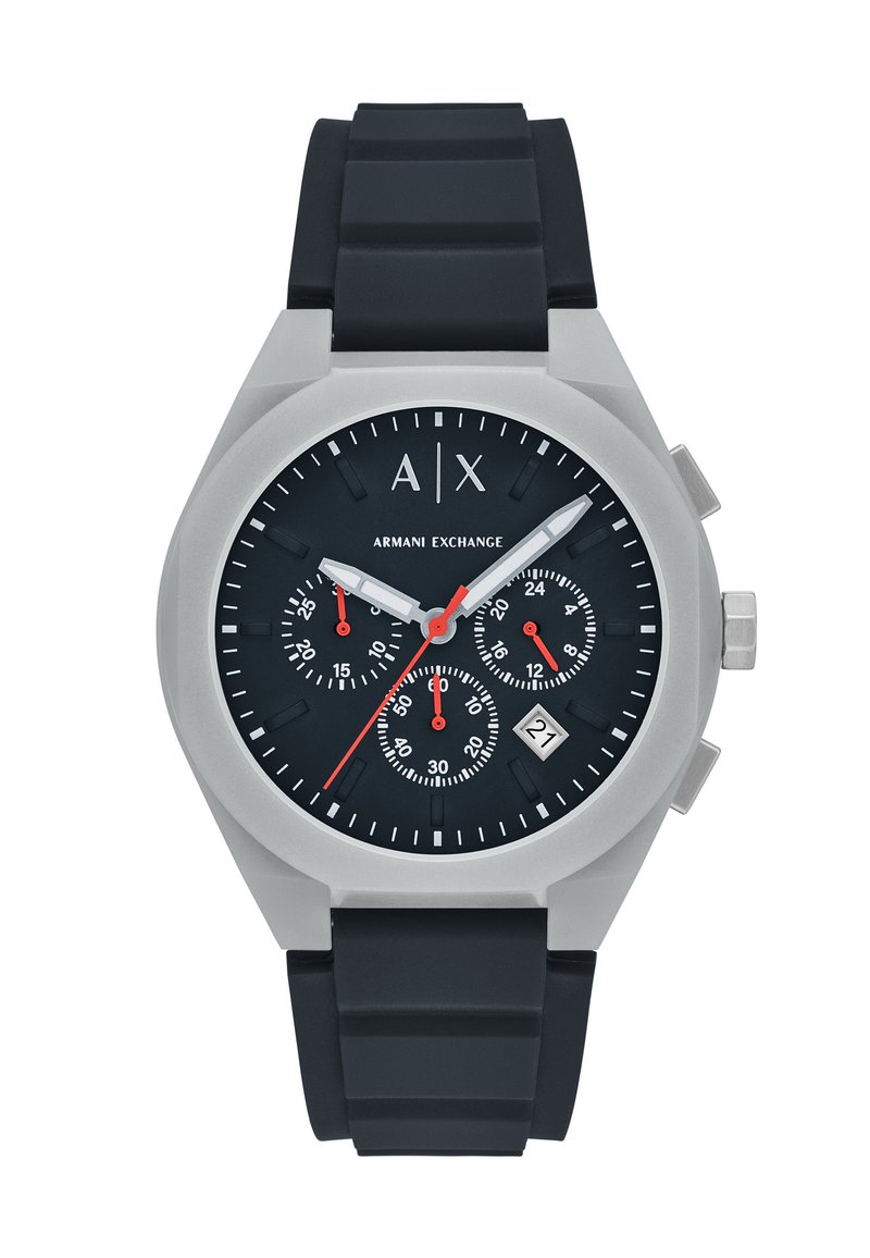 Armani Exchange watch with a stainless steel case, black silicone strap, black dial, three sub-dials, red accents, and a date display.