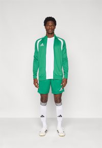 Πράσινο αθλητικό μπουφάν με λευκά στοιχεία, ταιριαστά πράσινα σορτς, λευκό T-shirt και μαύρες και λευκές ριγωτές κάλτσες με λογότυπα Adidas.