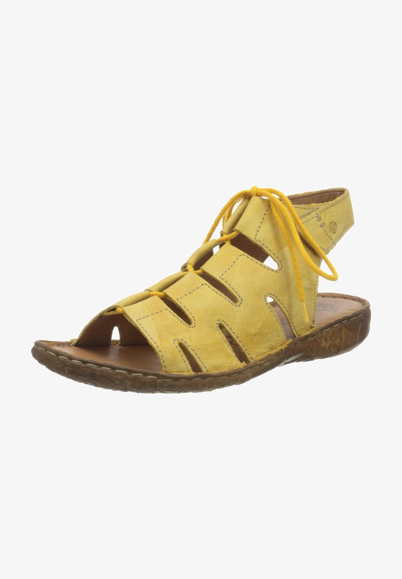 Yellow leather sandal with open toe design, cut-out details, and lace-up closure. Features a textured brown rubber sole for grip.