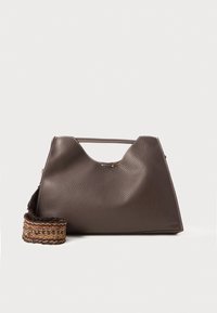 Brown leather handbag with a textured finish, angular design, and a distinctive top handle. Features a patterned woven strap detail.