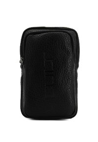 Borsa in pelle nera con superficie texturizzata, forma rettangolare, logo in rilievo sul fronte e chiusura a zip superiore.