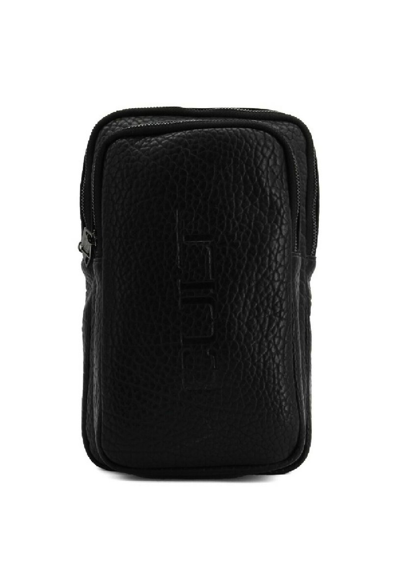 Borsa in pelle nera con superficie texturizzata, forma rettangolare, logo in rilievo sul fronte e chiusura a zip superiore.