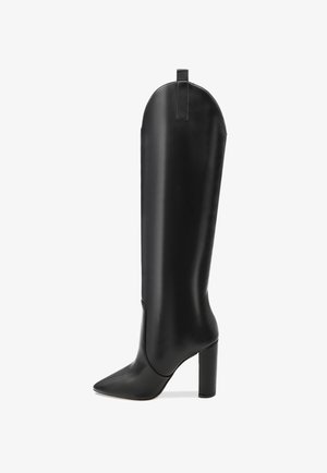 Stivale alto in pelle nera con punta affilata, tacco alto a blocco e linguetta nella parte superiore, visto di lato su sfondo bianco.