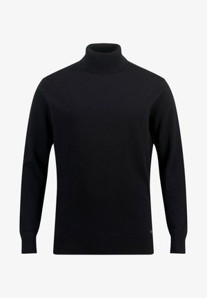 Maglione a collo alto nero realizzato in morbido tessuto a maglia, con maniche lunghe, polsini a coste e un design aderente.