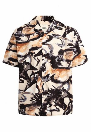 Short-sleeve shirt in light cream fabric with an abstract black, brown, and blue pattern. Features a button-down front and open collar.