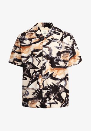 Korte mouwen shirt van licht crèmekleurige stof met een abstract patroon in zwart, bruin en blauw. Heeft een knoopsluiting aan de voorkant en een open kraag.