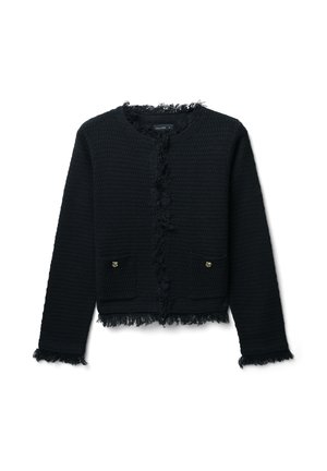 Black textured jacket with frayed edges, two front pockets, and gold-tone hardware accents. Cropped design with a round neckline.