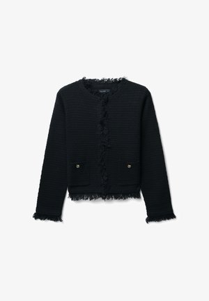 Black textured jacket with frayed edges, two front pockets, and gold-tone hardware accents. Cropped design with a round neckline.