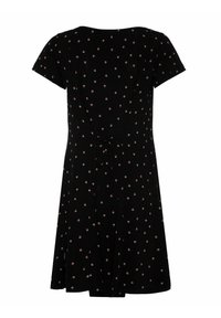 Robe noire à manches courtes avec un petit imprimé floral rouge et blanc et une ceinture à la taille, vue de dos sur un fond blanc.