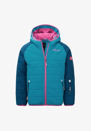 Padded Jacke mit einem türkisfarbenen Körper und navyblauen Ärmeln, einer pink gefütterten Kapuze und Reißverschlüssen an den Seiten. Logo-Accessoire auf der Brust und am Ärmel.