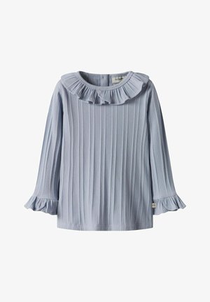 Hellblaues Langarmoberteil mit strukturierten vertikalen Streifen, gerafftem Ausschnitt und ausgestellten Bündchen. Weicher Stoff mit entspannter Passform.