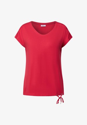 Camiseta corta roja de manga corta con escote en V, que presenta un detalle de cordón en el dobladillo. Hecha de una tela ligera con una textura suave.