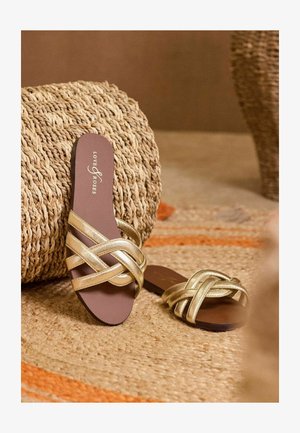 Goldene Riemchensandalen mit geflochtenen Riemen, flachen Sohlen und einer braunen Innensohle, auf der der Markenname "Love & Roses" steht. Texturiert gewobener Hintergrund.