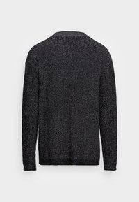 Black, textured knit sweater with a crew neckline, long sleeves, and ribbed cuffs. The fabric shows a subtle variation in color.