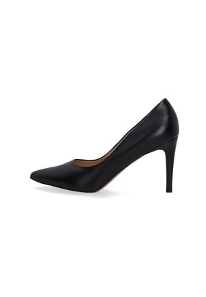 Black pointed-toe high heel shoe with a glossy leather finish, slim stiletto heel, and a cutout detail on the side.