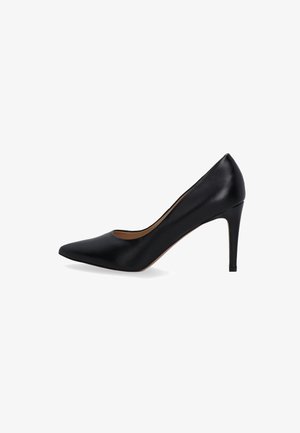 Escarpin noir à bout pointu avec une finition en cuir brillant, talon stiletto fin et un détail découpé sur le côté.