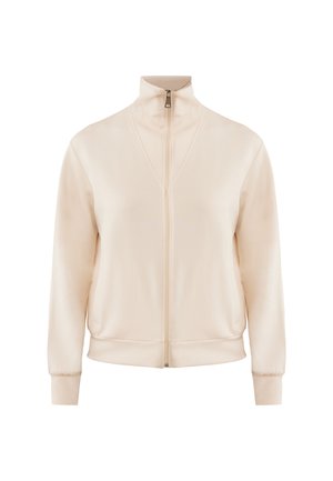 Jasno beżowa kurtka zapinana na zamek, wykonana z miękkiego materiału. Posiada wysoki kołnierz oraz ściągacze przy mankietach. Gładka tekstura bez wzorów lub widocznych dodatków.