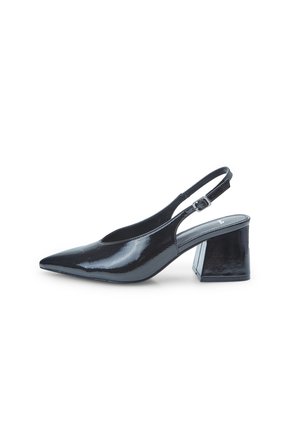 Black patent leather slingback shoe with a pointed toe and a block heel. Features a strap with a buckle for secure fit. Smooth texture.