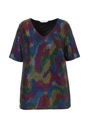 Maglietta a maniche corte con scollatura a V, caratterizzata da un motivo di paillettes multicolori su una base nera, con una superficie testurizzata e luccicante.