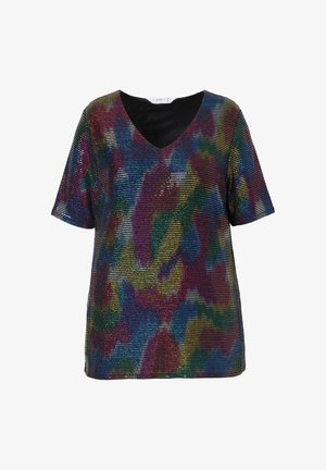 Haut à manches courtes, col en V, présentant un motif de sequins multicolores sur une base noire, avec une surface texturée et scintillante.