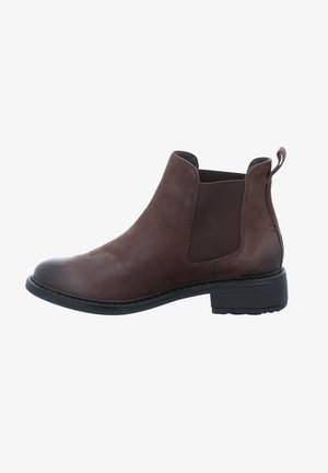 Braune Leder Chelsea-Stiefel mit elastischen seitlichen Einsätzen, runder Zehenpartie und niedrigem Blockabsatz. Mit Zuglasche für einfaches Anziehen.