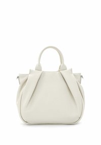 Bolsa tote de cuero blanco con un diseño estructurado, que presenta asas redondeadas, acentos plisados y una superficie suave y texturizada.