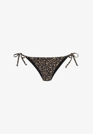 Leopard print bikini bottom with adjustable ties, featuring a contrasting black fabric side and a triangular cut design.