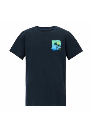 Granatowy T-shirt z krótkim rękawem z małą grafiką dwóch palm i zielono-niebieskim zachodem słońca na lewej piersi.