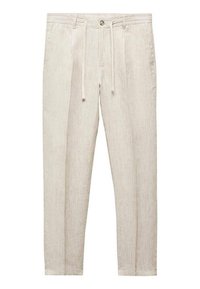 Lichtbeige, linnenmix broek met een rechte pijp, touwsluiting en knoopsluiting aan de voorkant. Voorzien van subtiele verticale strepen en zijzakken.