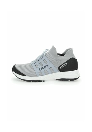 Light gray athletic shoes with a knitted upper, black accents, a cushioned sole, and blue laces. Features mesh panels for breathability.