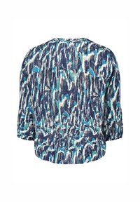 Blouse bleu marine avec un motif texturé et abstrait en bleu canard et crème. Dotée de manches courtes froncées et d'une coupe ample. Vue arrière affichée.