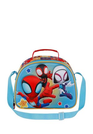 Sac à lunch sur le thème de Spiderman, fabriqué en tissu. Présente des graphismes colorés, une poignée rouge, une sangle bleue ajustable et des accents en étoile sur un fond bleu.